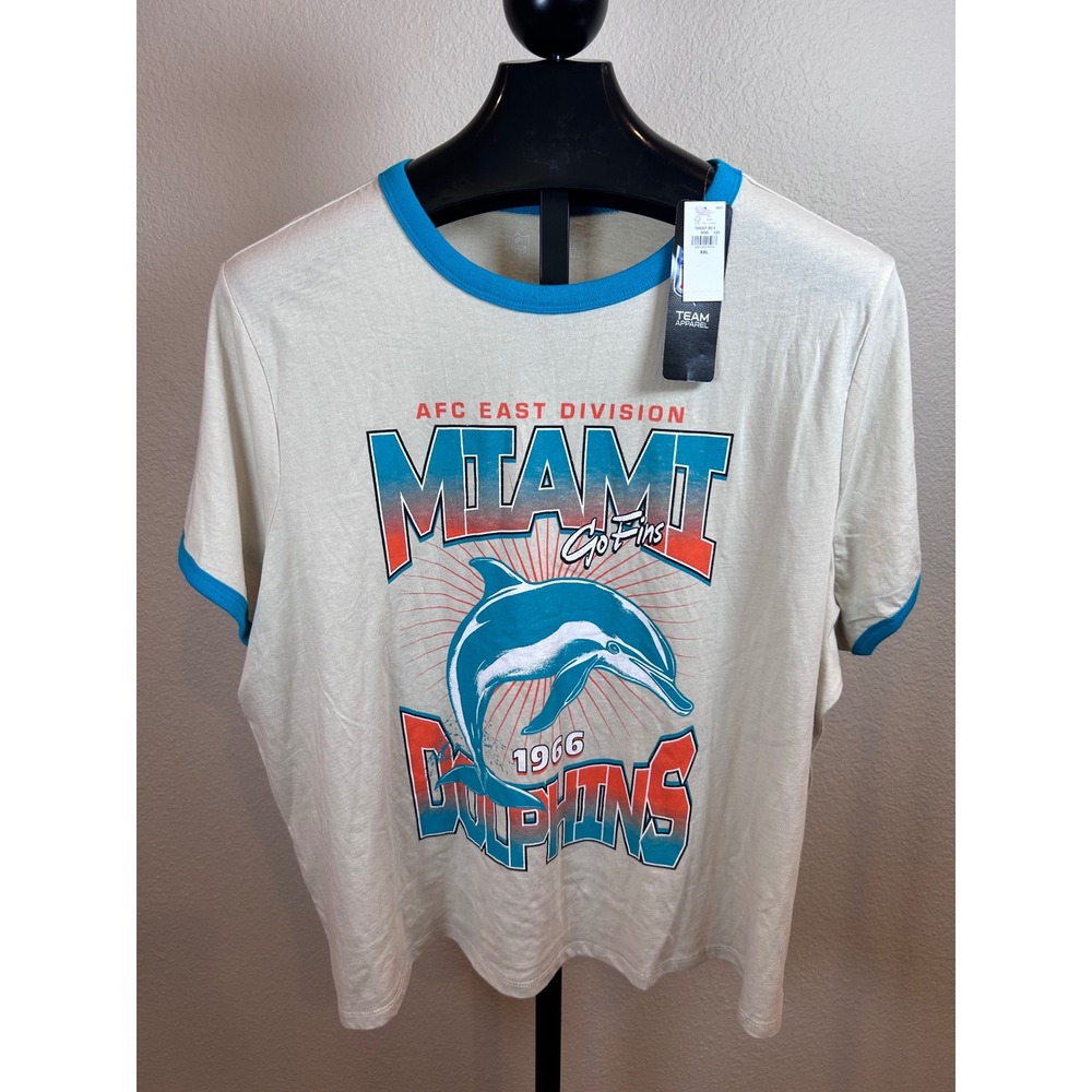 NFL Team Apparel Miami Dolphins Ringer T-Shirt XXL Cream Teal Retro Graphic Tee